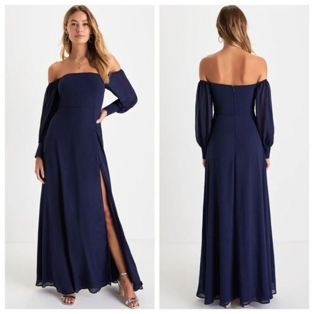 Lulu's Navy Off-Shoulder Long Sleeve Maxi Dress